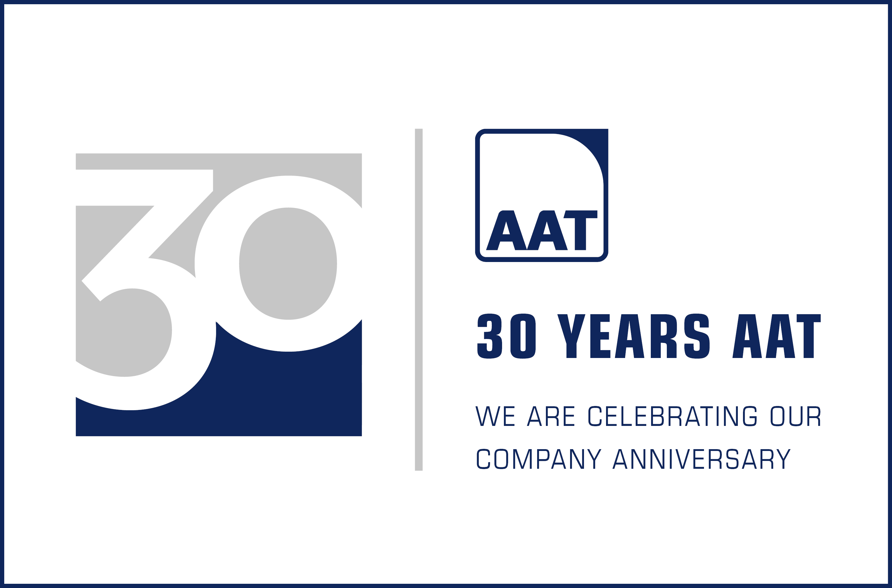 The picture shows a large number 30 in gray/blue and the blue AAT logo. Underneath it says "30 years of AAT - We are celebrating our company anniversary".