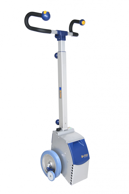 Das Bild zeigt die freigestellte Antriebs- und Griffeinheit des Treppensteiger s-max auf weißem Hintergrund. Sichtbar ist die graue Antriebseinheit mit Laufrädern und Sicherheitsbremsen, sowie die Griffeinheit mit Bedienteil.