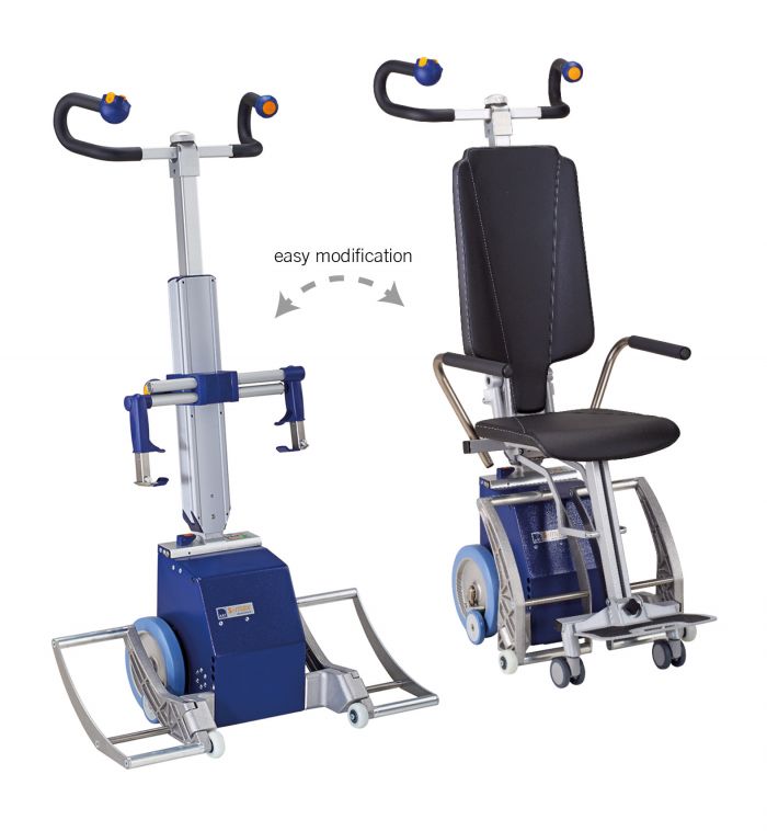 Das Bild zeigt die zwei Anwendungsvarianten des Treppensteiger s-max sella vario. Links ist der Treppensteiger mit angebauter Universalaufnahme zur Aufnahme der Rollstuhlräder zu sehen. Rechts ist der Treppensteiger mit integrierter Rückenlehne und Sitzeinheit zu sehen, mit der mobilitätseingeschränkte Personen transportiert werden können. Ein Pfeil in der Mitte der Darstellung zeigt, dass die beiden Varianten ausgetauscht werden können. Die Antriebseinheit bleibt immer dieselbe.