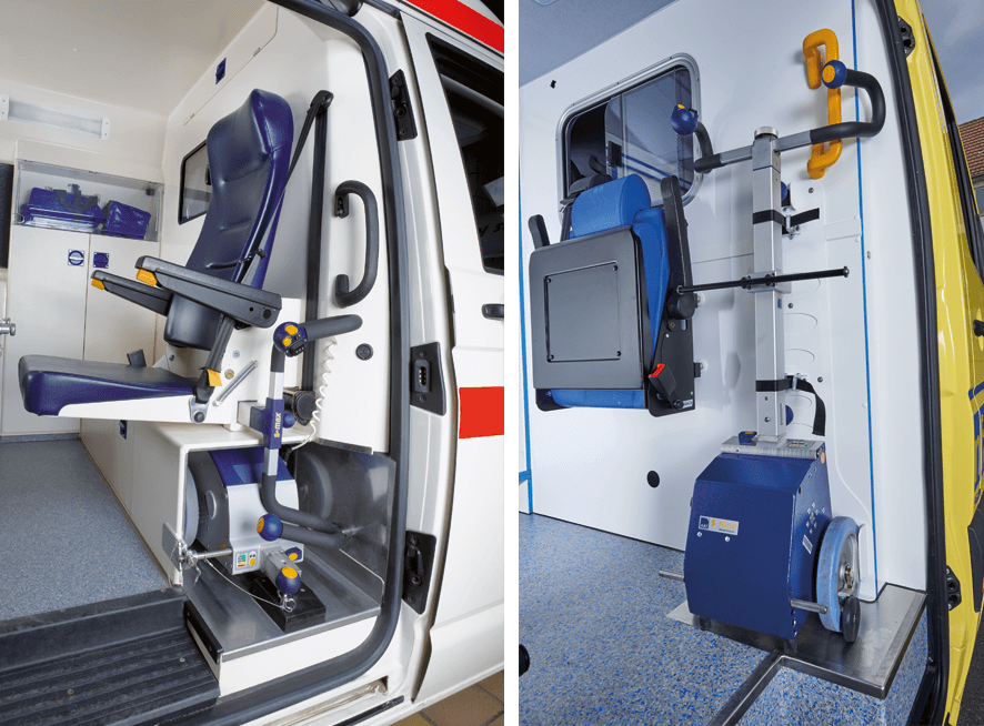 Hier werden zwei unterschiedliche Einbauvarianten im KTW gezeigt. Auf dem linken Bild ist das Verstauen des s-max in einem speziellen Fach abgebildet. Auf dem rechten Bild ist eine Wandhalterung zu sehen.