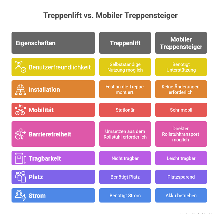 Diagramm mit tabellarischem Vergleich von Treppenlift und mobilem Treppensteiger: Linke Spalte: Treppenlift – Vorteile wie selbstständige Nutzung und feste Installation, Nachteile wie bauliche Maßnahmen, Ortsgebundenheit und fehlende Rollstuhltauglichkeit. Rechte Spalte: Mobiler Treppensteiger – Vorteile wie flexibler Einsatz, Transport im Rollstuhl, keine Umbauten; Nachteile wie Bedienung durch Begleitperson und Ladebedarf des Akkus. Ziel des Diagramms ist ein direkter Überblick über Unterschiede und Einsatzbereiche beider Hilfsmittel.
