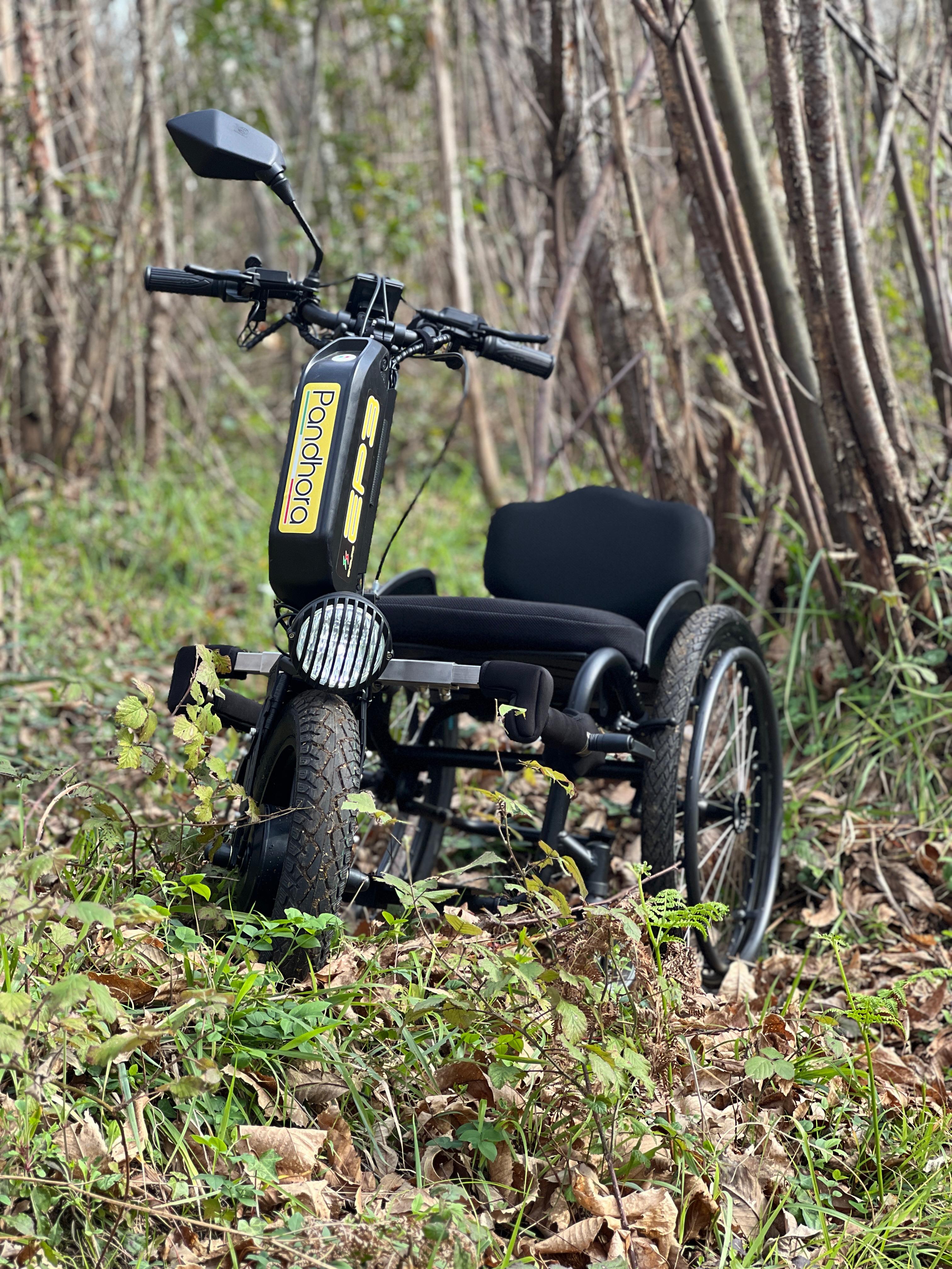 Das Bild zeigt eine junge Frau von hinten, die einen älteren Mann im Rollstuhl einen Schotterweg im Wald hinaufschiebt. Die Bäume sind bunt und es liegt Laub auf dem Weg. Am manuellen Rollstuhl befindet sich hinten eine AAT Schiebehilfe V-MAX mini, welche über das Antriebsrad der Begleitperson beim Anschieben des Rollstuhls hilft. 