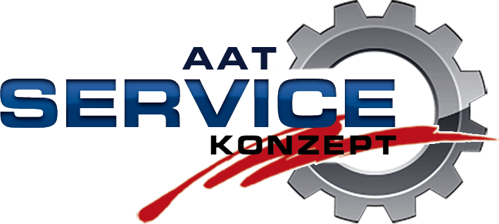 Das Bild zeigt das Logo für das AAT Service Konzept. Es handelt sich um ein graues Zahnrad mit dem Schriftzug „AAT SERVICE KONZEPT“ und einem roten Schweif.