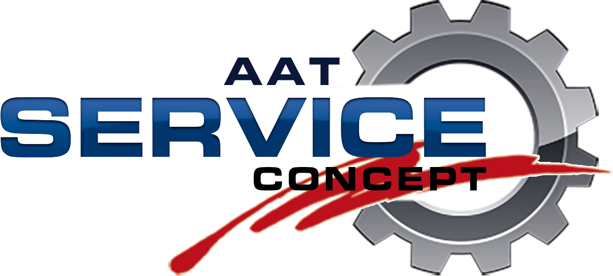Das Bild zeigt das Logo für das AAT Service Konzept. Es handelt sich um ein graues Zahnrad mit dem Schriftzug „AAT SERVICE KONZEPT“ und einem roten Schweif.