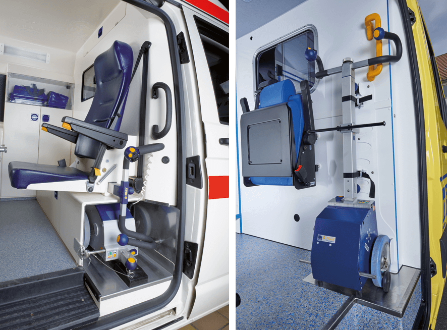 Hier werden zwei unterschiedliche Einbauvarianten im KTW gezeigt. Auf dem linken Bild ist das Verstauen des s-max in einem speziellen Fach abgebildet. Auf dem rechten Bild ist eine Wandhalterung zu sehen. 