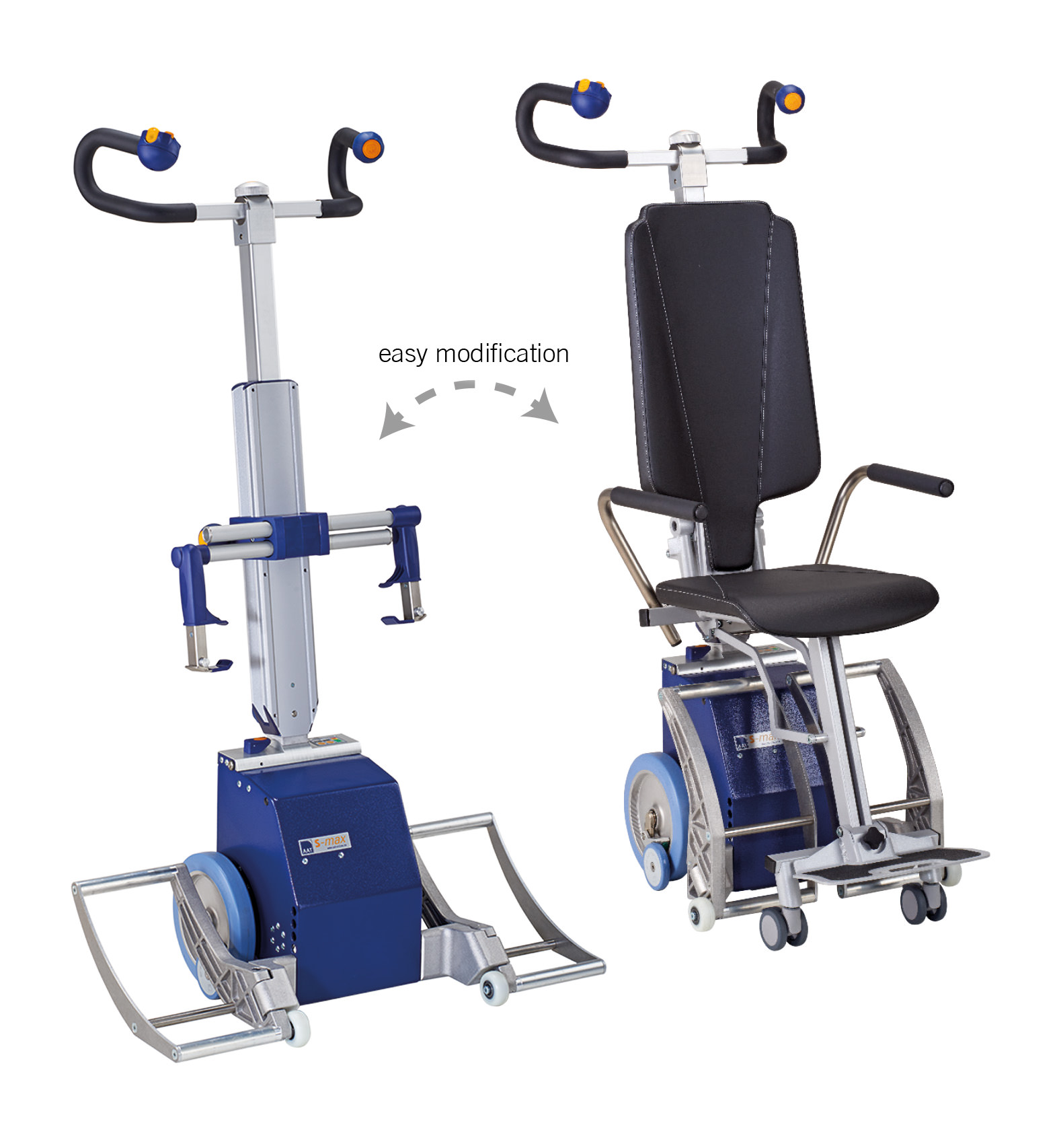 Das Bild zeigt die zwei Anwendungsvarianten des Treppensteiger s-max sella vario. Links ist der Treppensteiger mit angebauter Universalaufnahme zur Aufnahme der Rollstuhlräder zu sehen. Rechts ist der Treppensteiger mit integrierter Rückenlehne und Sitzeinheit zu sehen, mit der mobilitätseingeschränkte Personen transportiert werden können. Ein Pfeil in der Mitte der Darstellung zeigt, dass die beiden Varianten ausgetauscht werden können. Die Antriebseinheit bleibt immer dieselbe. 