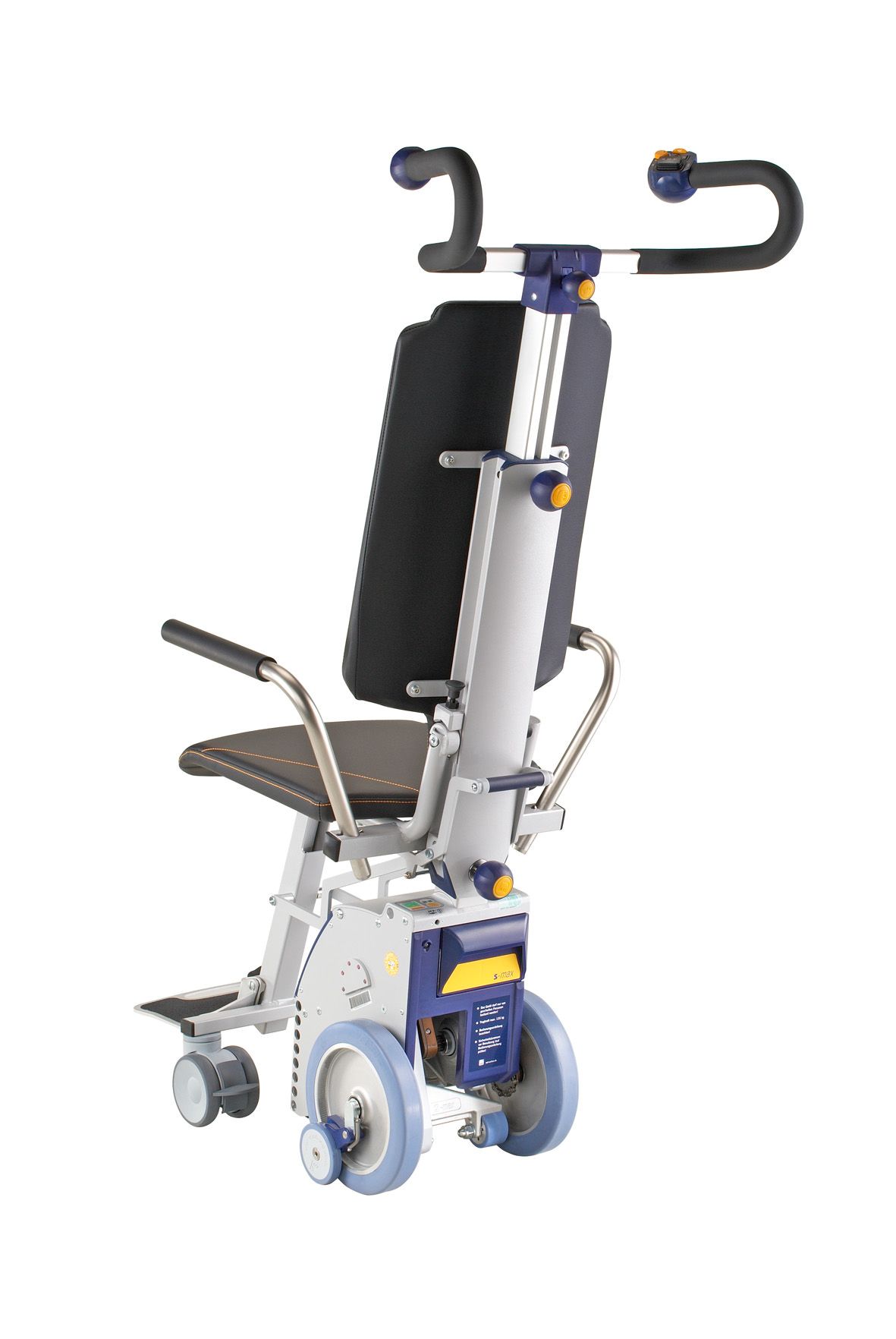 Das Bild zeigt die freigestellte Antriebs- und Griffeinheit des Treppensteiger s-max sella auf weißem Hintergrund. Sichtbar ist die graue Antriebseinheit mit Laufrädern und Sicherheitsbremsen, sowie die Griffeinheit mit Bedienteil. Am Treppensteiger befindet sich eine integrierte Sitzeinheit mit Sitzpolster, Rückenlehne und Armlehnen. 