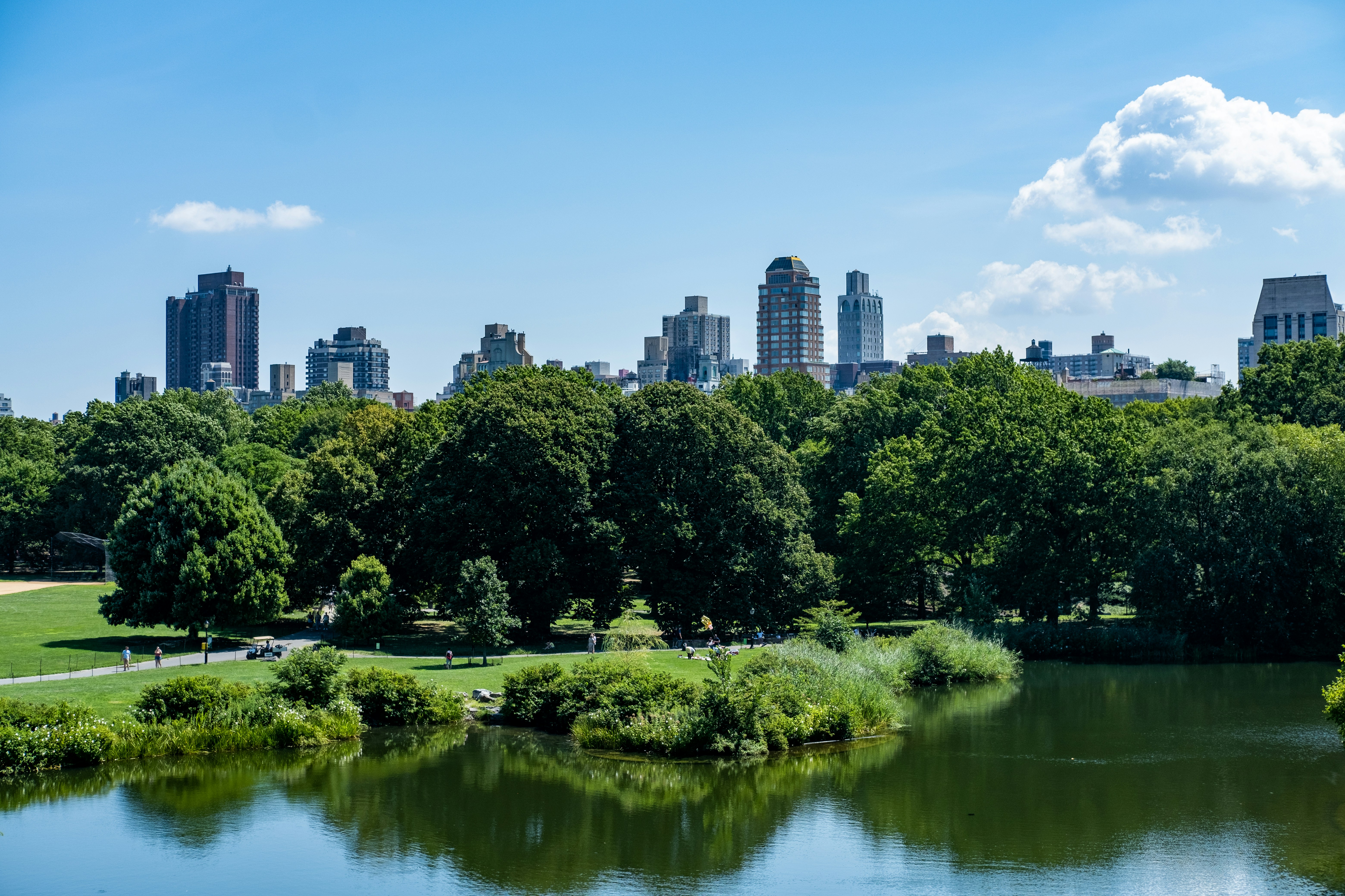 Das Bild zeigt ein Foto des Central Park in New York City, welcher sehr Barrierefrei eingerichtet ist. Zu sehen ist ein See, eine grüne Wiese, mit befestigtem breiten Weg, Bäume und die Skyline im Hintergrund. 