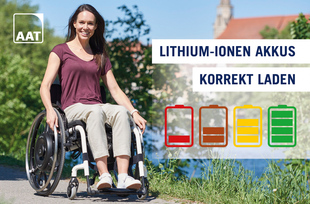 Das Bild zeigt eine junge Frau die in einem manuellen Rollstuhl mit einem restkraftverstärkenden Rollstuhlantrieb SERVO von AAT an einem Fluss entlang fährt. Rechts steht der Titel des Blogartikels "Lithium-Ionen Akkus korrekt laden". Darunter befindet sich eine Grafik mit verschiedenen bunten Ladezuständen eines Akkus. 