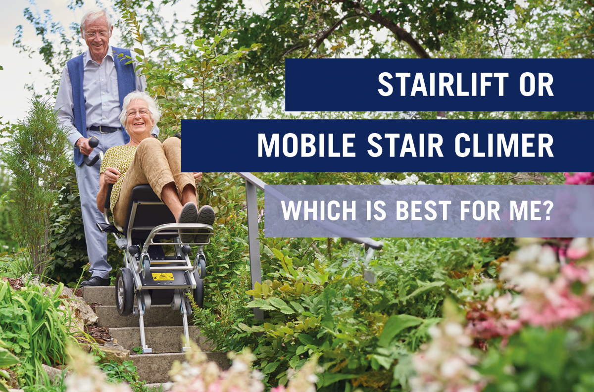 The picture shows an elderly gentleman transporting an elderly woman on a mobile stair climber with an integrated seat up a flight of stone steps in the garden. The picture also says "Stair lift or mobile stair climber. Which is better?"