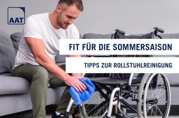 The picture shows a man sitting on a sofa and cleaning his manual wheelchair with a blue cloth.