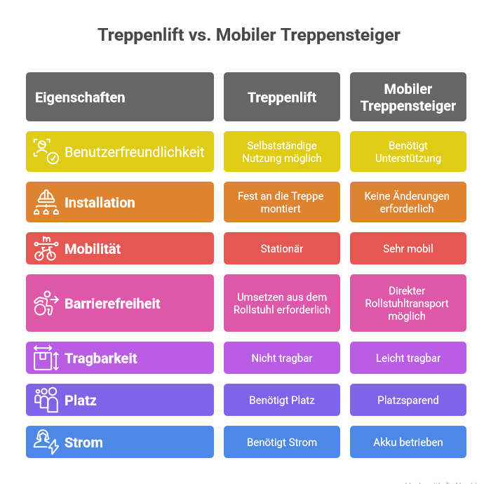 Diagramm mit tabellarischem Vergleich von Treppenlift und mobilem Treppensteiger: Linke Spalte: Treppenlift – Vorteile wie selbstständige Nutzung und feste Installation, Nachteile wie bauliche Maßnahmen, Ortsgebundenheit und fehlende Rollstuhltauglichkeit. Rechte Spalte: Mobiler Treppensteiger – Vorteile wie flexibler Einsatz, Transport im Rollstuhl, keine Umbauten; Nachteile wie Bedienung durch Begleitperson und Ladebedarf des Akkus. Ziel des Diagramms ist ein direkter Überblick über Unterschiede und Einsatzbereiche beider Hilfsmittel.
