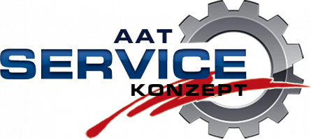 Das Bild zeigt das Logo für das AAT Service Konzept. Es handelt sich um ein graues Zahnrad mit dem Schriftzug „AAT SERVICE KONZEPT“ und einem roten Schweif.